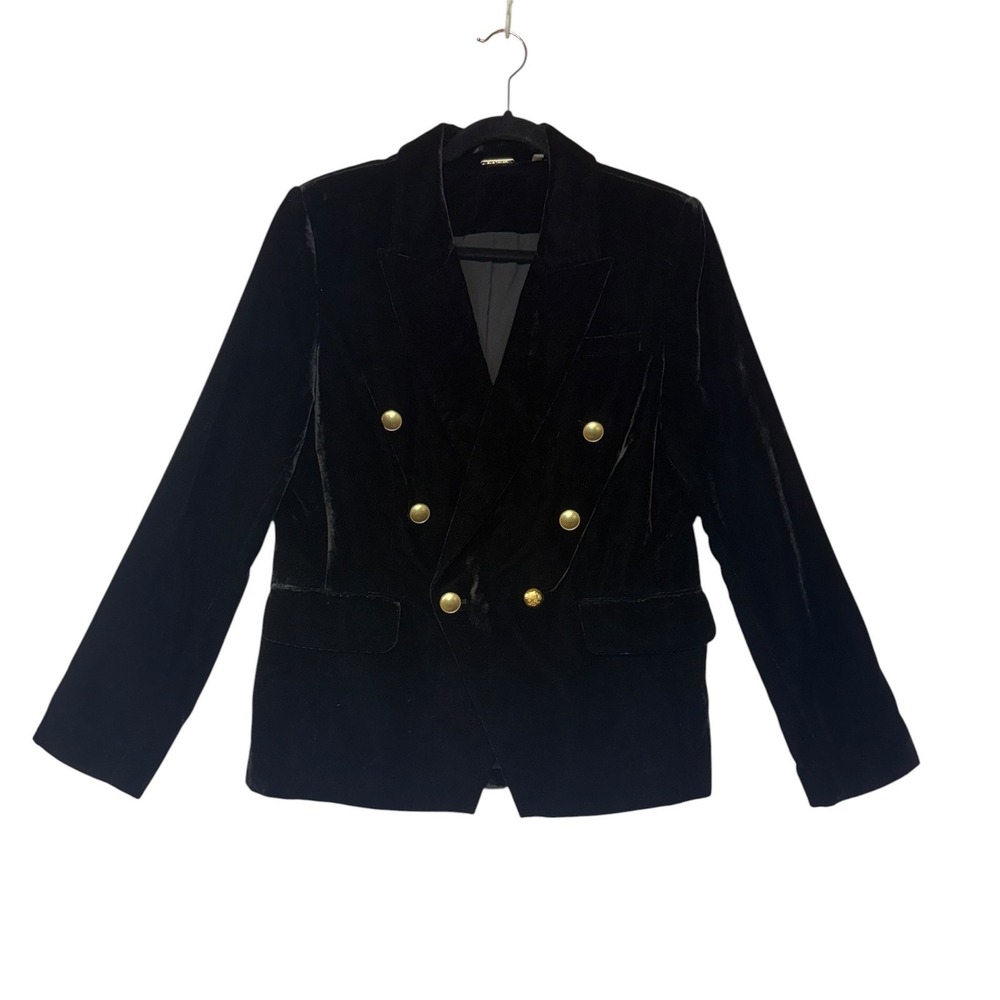 Elie Tahari Womens Black Velvet Double Breasted Blazer Gold Buttons Size 10